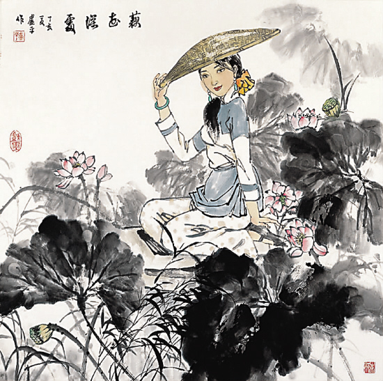 卢平 藕花深处   68×68cm