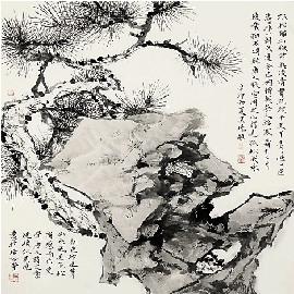 吴晓 松石 国画 68×68cm