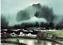 柳新生 雨雾山村 水彩画 40×55cm