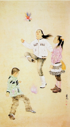 尚奎元  踢毽毽  210×110cm  纸本重彩  2012年