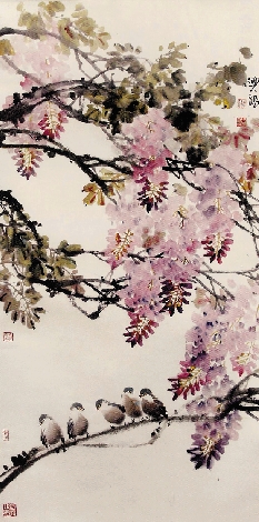 姚兴福(福建福州) 紫藤小鸟 中国画