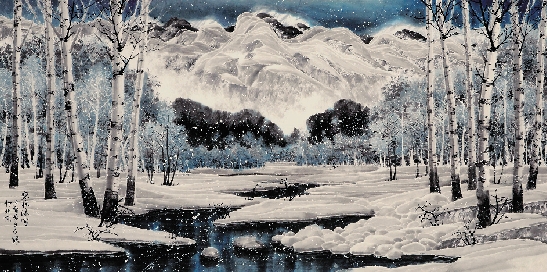 石寒松 寒林沐雪 68×136cm