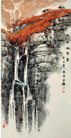 于占德 飞瀑漱苍崖 138×69cm