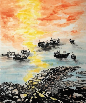 房企遐(浙江慈溪) 醉美夕照 中国画