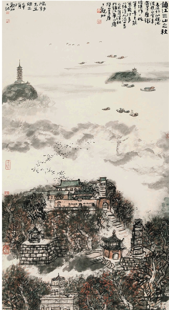 丁观加  镇江三山之秋  纸本水墨  93.5×51cm  1992年