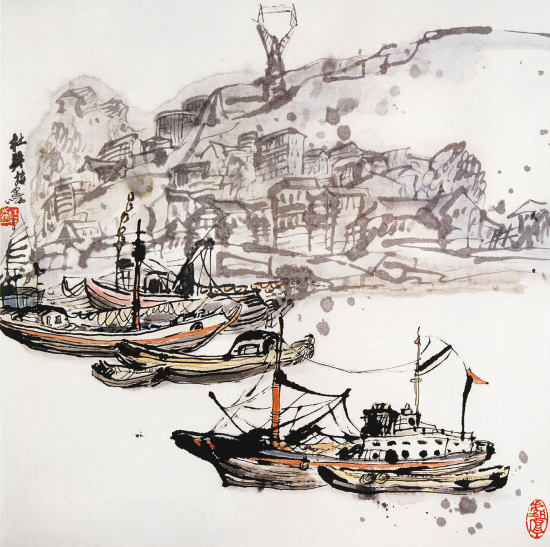 杜巽 山岛渔港 67×67cm 2000年