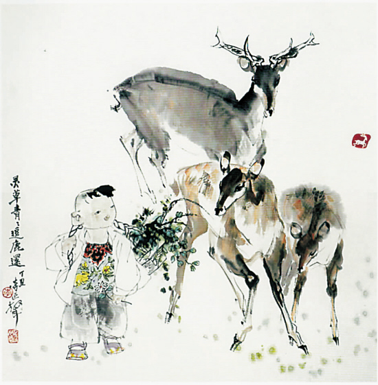 李延声 鹿娃图 68×68cm 安南收藏并赞赏此画有"美妙的意境"