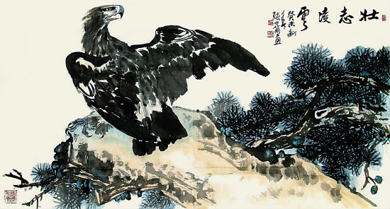 张世简 松鹰图 镜片 设色纸本 178×95cm