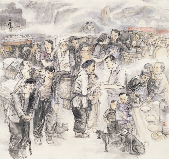 陈铎 喜迎移民(福建积极完成三峡移民接收安置任务)国画 192×180cm