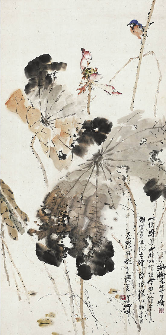69 杨善深(1913-2004) 残荷翠鸟图   立轴 设色纸本 121×60cm