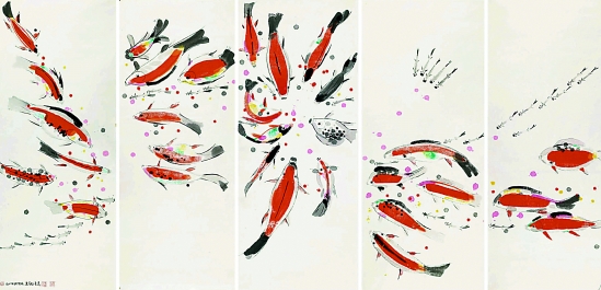 陈家泠  花港观鱼  中国画  200×97cm×5  2010年  浙江美术馆藏