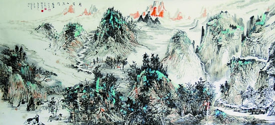 宋丰光 张民生 刘龙 谢景勇 合作 齐烟九点揽胜图 124×248cm