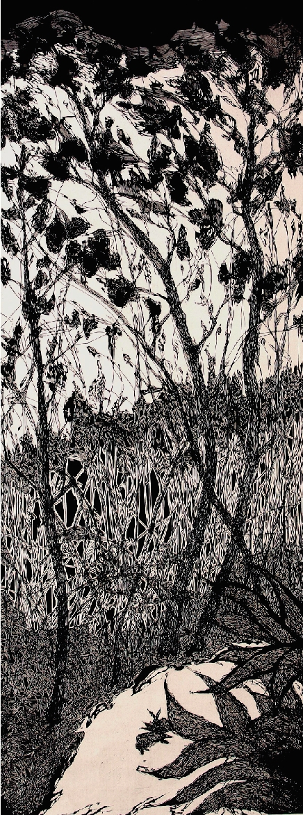 091314 陈雷 双兔傍地 60×185cm 木刻版画