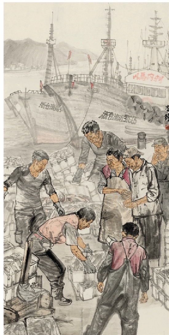 李钟 台州渔民劳作风光     139×70cm 国画