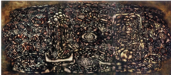 潘德海 掰开的包谷后山(三联 布面 油画 120×270cm 1989年