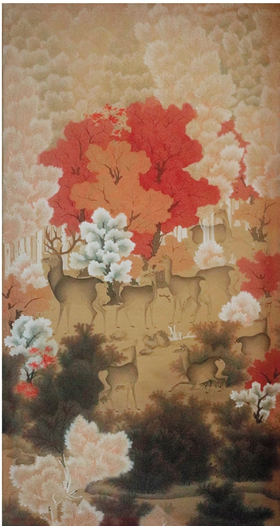 王斌 丹枫呦鹿 100×60cm 绢本设色