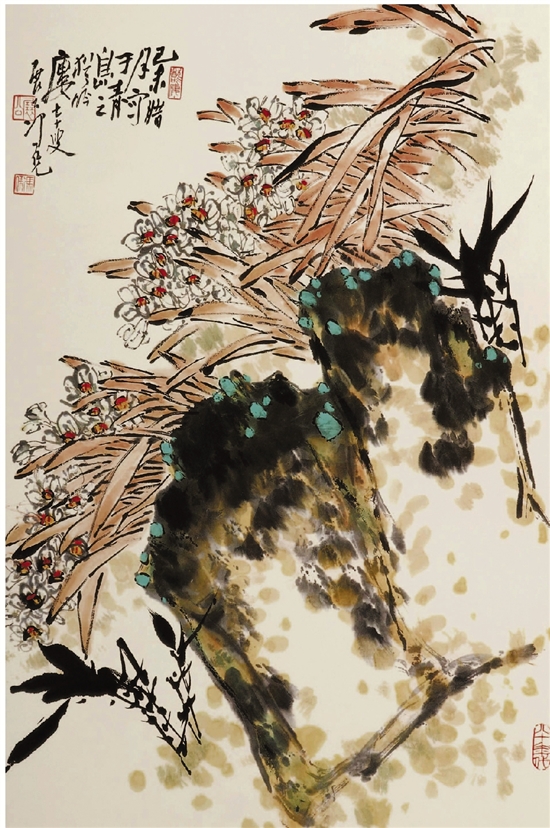 冯凭 水仙竹石图 13×15cm